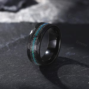 Unique 8 mm Black Wedding Band,Opal Band Ring For Men, Meteorite Style Anniversary Promise Engagement Band, Birthday Day Gift For Him