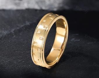 Men's Yellow Gold Wedding Band, Brushed Finish Grooved Scale Marker Ring, Comfort Fit Wide Band for Men