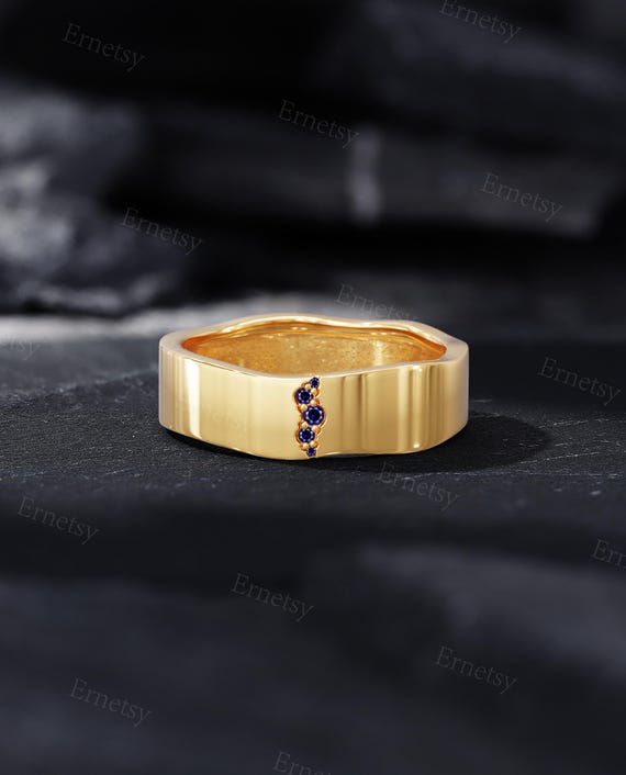 Modern Lab Sapphire Men's Wedding Band, 10K Yellow Gold Ring, Unique Wave Design Band, Anniversary Gift for Him,Custom Engraved Promise Ring