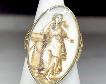 Antique Georgian Mourning Ring Sepia Minature Painting
