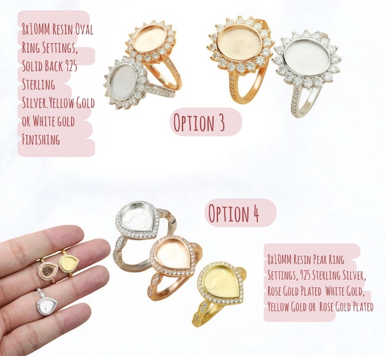 K&ouml;nnte beinhalten: Verschiedene Ringe mit ovalen und tropfenf&ouml;rmigen Harzfassungen. Optionen sind Sterlingsilber, Gelbgold, Wei&szlig;gold und Ros&eacute;gold-Beschichtung. Der Text beschreibt die Ringspezifikationen.