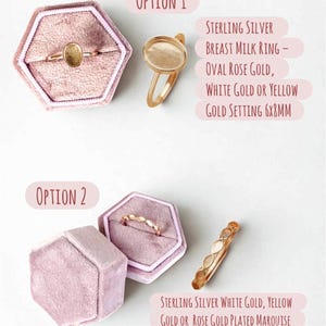Pode incluir: Duas opções de anéis são exibidas. A opção 1 apresenta um anel dourado com uma configuração oval e outro com uma configuração redonda. A opção 2 mostra um anel de moldura marquesa dourado e um anel em uma caixa de veludo rosa. Texto: "STERLING SILVER BREAST MILK RING - OVAL ROSE GOLD, WHITE GOLD OR YELLOW GOLD SETTING 6x8MM" e "STERLING SILVER WHITE GOLD, YELLOW GOLD OR ROSE GOLD PLATED MARQUISE BEZEL RING."
