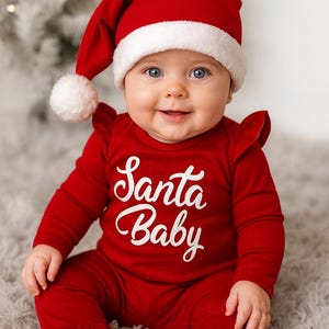 Santa Baby Outfit | Baby Girl Christmas Set with Bell Bottom Pants, Santa Hat and Bodysuit | Holiday Photo Prop 3pc Baby Outfit
