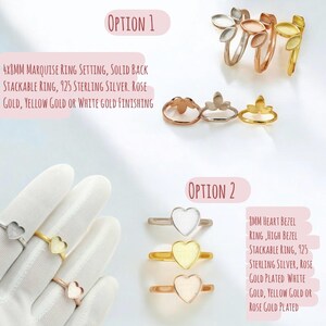 K&ouml;nnte beinhalten: Eine Auswahl an Ringen in verschiedenen Metallausf&uuml;hrungen, darunter Ros&eacute;gold, Gelbgold und Silber. Die Ringe weisen unterschiedliche Designs auf, wie Marquise- und herzf&ouml;rmige L&uuml;netten. Der Text auf dem Bild lautet "Option 1" und "Option 2".