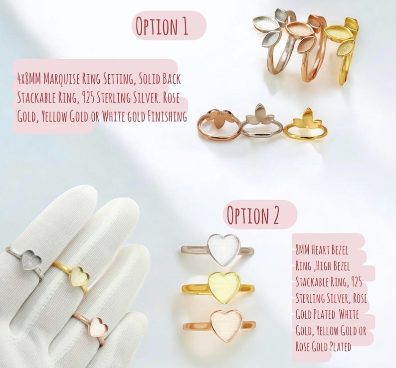 K&ouml;nnte beinhalten: Eine Auswahl an Ringen in verschiedenen Metallausf&uuml;hrungen, darunter Ros&eacute;gold, Gelbgold und Silber. Die Ringe weisen unterschiedliche Designs auf, wie Marquise- und herzf&ouml;rmige L&uuml;netten. Der Text auf dem Bild lautet "Option 1" und "Option 2".