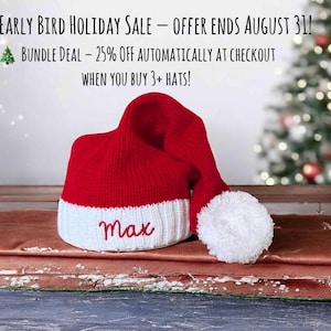EARLY BIRD SALE! Personalized only Santa Hat – Custom Embroidered Christmas Hat for Baby, Kids & Adults – Knit Holiday Beanie – Name Hat