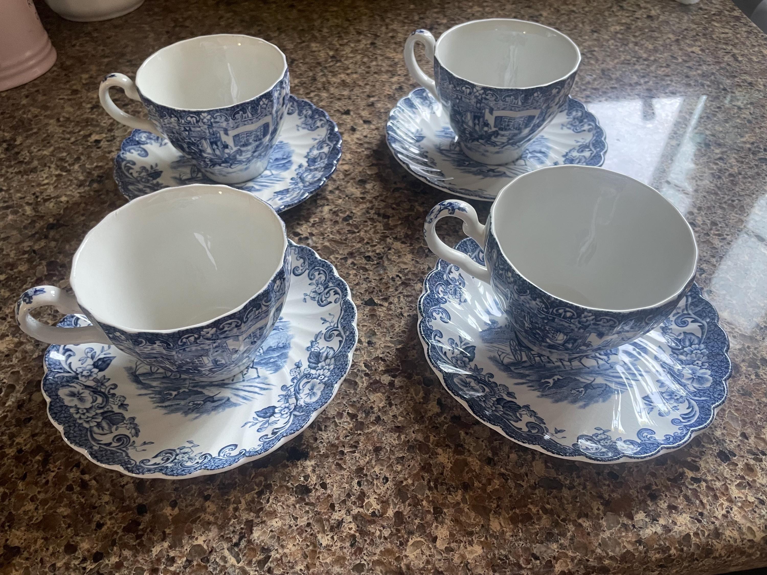 Set of 4 Johnson Brothers Coaching Scenes Tea Cups & Saucers