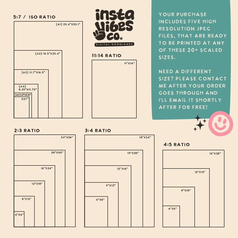 Size guide for your  digital home decor instant downloadable files. Easy to print at home and frame or give as a gift.