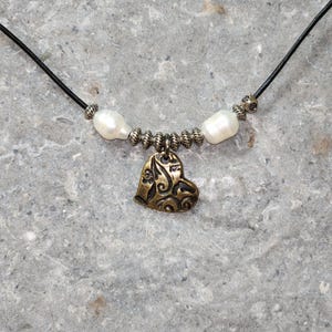 Necklace Leather Brass Heart and Pearls
