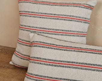 Almohada de lino y algodón Jessop, funda de cojín gruesa de rayas negras y rojas, cojín rústico wabi sabi, funda de almohada texturizada, decoración rústica