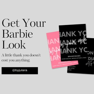 Bewerkbare bedankkaartsjabloon, moderne minimalistische UGC Content Creator, online bedrijf, orderverpakking, dropshipping, zwart en Barbie