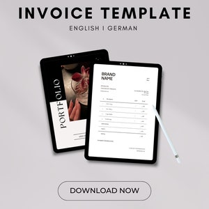Könnte beinhalten: Ein digitales Tablet-Mockup, das eine Rechnungsvorlage mit dem Text "BRAND NAME" und "INVOICE TEMPLATE" in schwarzer Schrift auf weißem Hintergrund zeigt. Das Tablet liegt auf einer grauen Oberfläche mit einem weißen Stift daneben. Der Text "DOWNLOAD NOW" befindet sich in einem weißen Button mit schwarzem Rahmen. Der Text "byjulara" befindet sich unterhalb des Buttons.