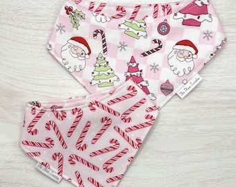 Pink Christmas candy cane pet bandana | Reversible cotton | For cats or dogs | Fun winter holiday prints | Adjustable snap neck closure