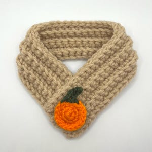 Op de afbeelding: Een beige gehaakte sjaal met een pompoenmotief. De sjaal is gemaakt van dik garen en heeft een V-vorm. De pompoen is oranje met een groene steel en is aan de sjaal bevestigd.