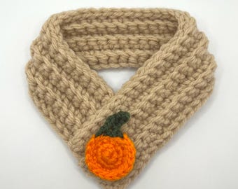 Peut inclure: Écharpe en crochet beige avec un motif de citrouille. L'écharpe est faite de fil épais et a une forme en V. La citrouille est orange avec une tige verte et est attachée à l'écharpe.