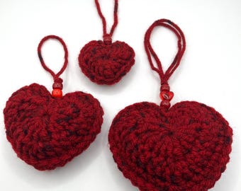 Red Crochet Heart Ornaments | Handmade Christmas holiday or year round decor