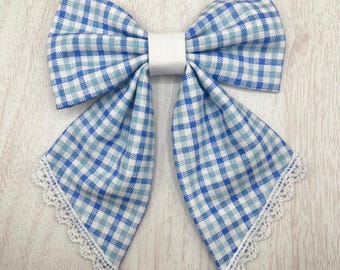 Blue plaid gingham style sailor bow tie for pets | Handmade cotton | For cats or dogs | Multiple collar options
