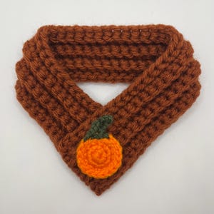 Op de afbeelding: Bruine gehaakte huisdierensjaal met een pompoenmotief. De sjaal heeft een warme, roestkleurige kleur en een getextureerde steek. De pompoen is oranje met een groene steel, wat een feestelijke touch geeft.