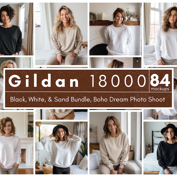 Gildan 18000 Boho Sweatshirt Mockup Bundle, Weibliches Model, Schwarz | Weiß | Sandfarben, Boho Dream Fotoshooting, mit Gildan 18000 Größentabelle