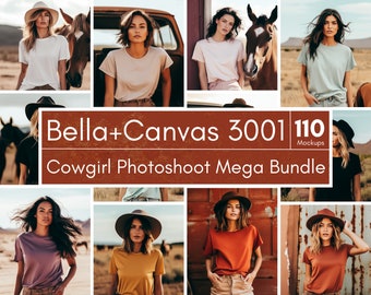 Cowgirl Photoshoot Mockup Mega Bundle, 110 Bella Canvas 3001 Western Cowgirl Mockups, Maquettes de modèles féminins, Maquettes Boho