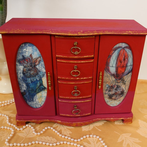 Alice in Wonderland theme uncycled jewelry box. Magenta and red ombre.