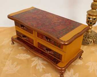 Bronze, gold and red. Decoupaged vintage jewelry box. Fancy, not fussy.