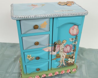 Fairy Fantasy II. Vintage blue and green hand painted, Upcycled and refurbished jewelry box.