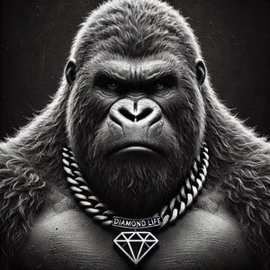 Op de afbeelding: Een zwart-witte afbeelding van een gorilla die een dikke gouden ketting draagt met een diamanten hanger waarop "DIAMOND LIFE" staat.