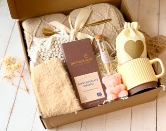 Caja de regalo acogedora, manta de punto, vela de soja, regalo para el cuidado personal