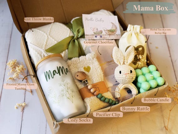 New Mom Gift Box, Knit Blanket, Teddy Candle, Cozy Socks