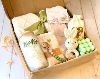 New Mom Gift Box: Knit Blanket, Mug, Socks & Chocolate