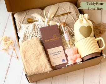 Caja de regalo para la nueva mamá, manta de punto, vela con forma de peluche, calcetines calentitos