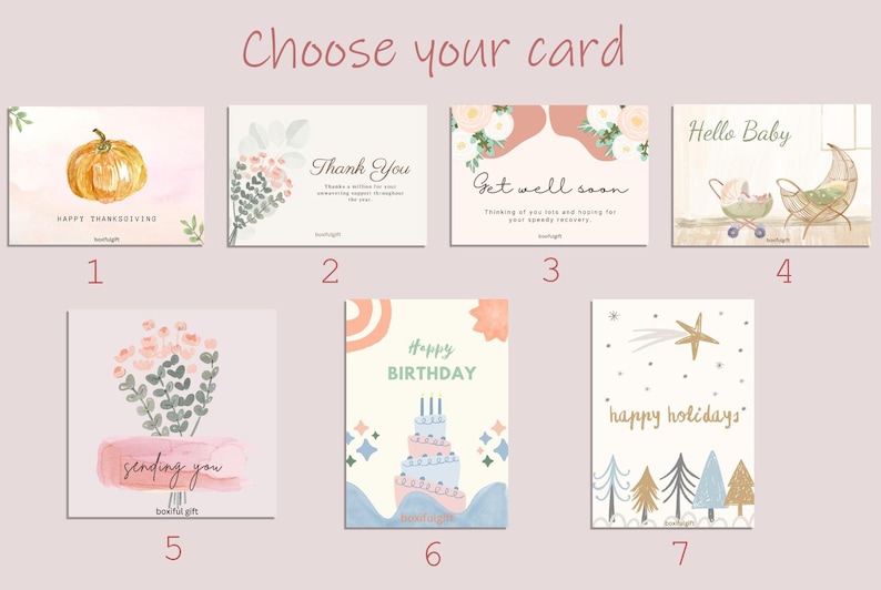 May include: A set of 7 different greeting cards with watercolor illustrations. The cards feature a pumpkin, flowers, a cake, a baby carriage, a star, and trees. The cards are numbered 1 through 7.
