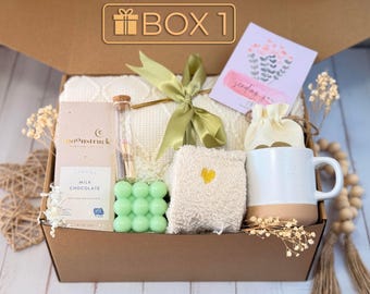 Hygge Gift Basket: Knit Blanket, Mug, Socks, Chocolate