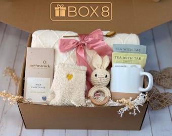 Caja de regalo para recién nacido, manta de punto, taza, calcetines, chocolate