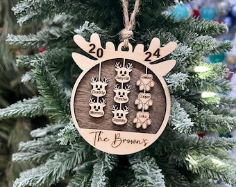 Custom Family Christmas Ornament, Reindeer Family Holiday Decor, Family with Pet Keepsake Ornament for Gifting