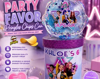 May include: A personalized party favor Pringles chips can with a shaker top. The can is decorated with a cartoon image of three girls and the name "KHLOE'S 6". The top is a clear, round shaker filled with confetti and a cartoon image.