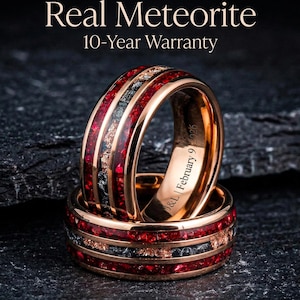 8mm Men's Ruby Ring – Ruby Wedding Band with Crushed Meteorite Inlay - Ruby Engagment Ring For Him, Rose Gold Tungsten Mens Wedding Ring