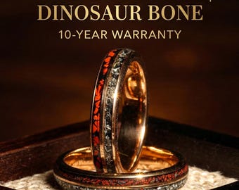 Personalized Meteorite & Dino Bone Inlay Wedding Band in Rose Gold Tungsten | Unique 4mm Engagement Ring for Her, gift for her, engagement