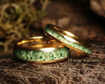 4mm & 8mm Moss Agate Wedding Band Set – His and Hers Engagement Rings, Yellow Gold Matching Ring Set, Unique Dome Couples Promise Ring