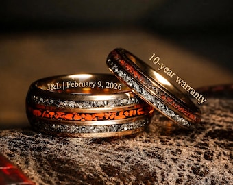 The DinoMeteor -DINOSAUR BONE ring Set 4mm & 8mm Crushed Meteorite Ring Set –His and Her Band,Matching Wedding Bands Set,Unique Couples Ring