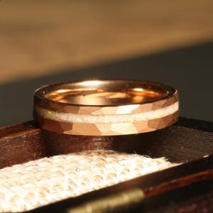 Fire White Opal Womens Wedding Ring, Hammered Rose Gold Tungsten Ring, Opal Ring, Wedding Band, Womens Ring, Ring for Her, 4mm Comfort Fit