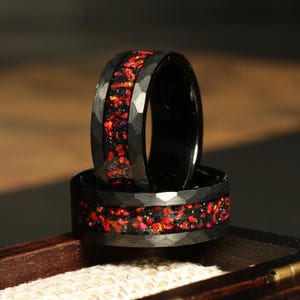 Black Garnet Ring, Tungsten Ring With Red Gemstone Inlay, Mens Wedding Band, Gift for Him, Red Ring Gift, 8MM Ring, Red Garnet Mens Ring