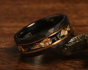 Men's Wedding Ring Meteorite ring Hammered Gold Leaf, Black Hammered Mens Wedding Band, Hammered Brushed Tungsten Ring, Mens Ring