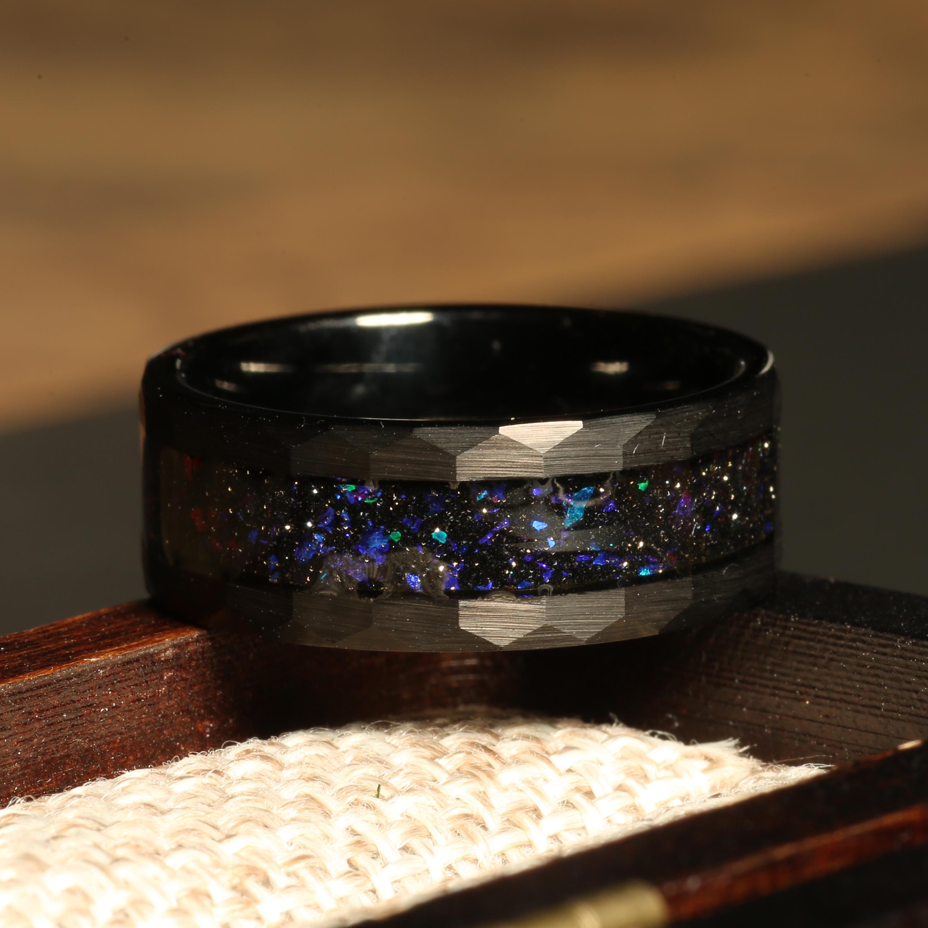 Custom Space Galaxy Ring, Mens Ring, Engraved Meteorite Tungsten Ring ...