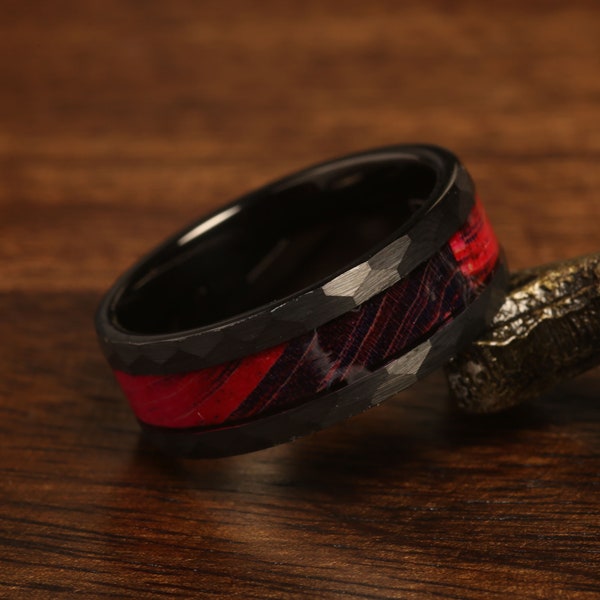 Men's Wedding Ring Women's Wedding Ring Men's Black Tungsten Faceted Blue & Red Box Elder Wood Wedding Band Ring