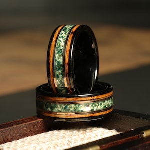 Moss Agate Men&#39;s Wedding Band, Moss Agate Ring, Whiskey Barrel Wedding Band, Men&#39;s Tungsten Ring, 8mm ring men black moss agate mens ring