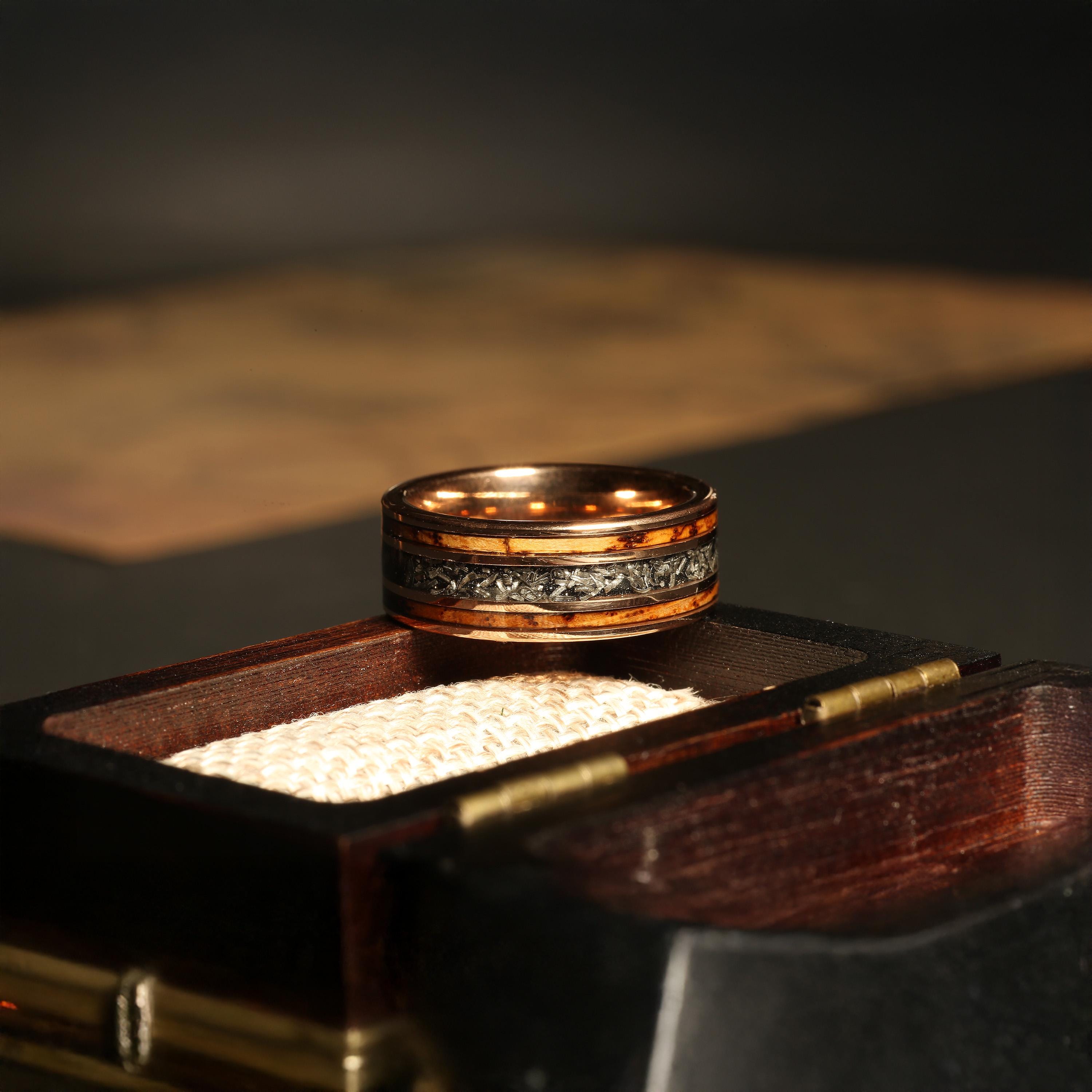 Mens Wedding Band with Burnt Whiskey Barrel and Meteorite, Meteorite Ring, 18K Rose Gold Tungsten Mens Ring, Whiskey Barrel Wedding Band
