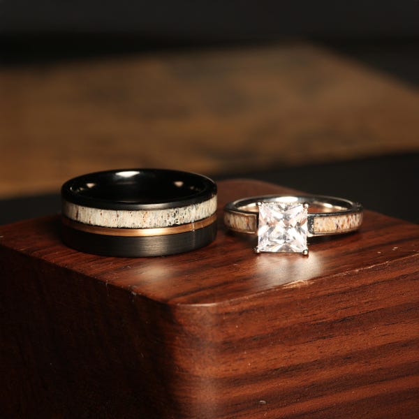 Deer Antler Couple Wedding Bands - His 8mm Black Tungsten & Rose Gold Ring, Her 4mm Sterling Silver  Zirconia Band Personalized Matching Set
