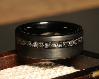 The Obsidian -Personalized gift for him Black Meteorite Brushed Wedding ring Black obsidian sandblasted Mens Wedding Band gift for him 8mm